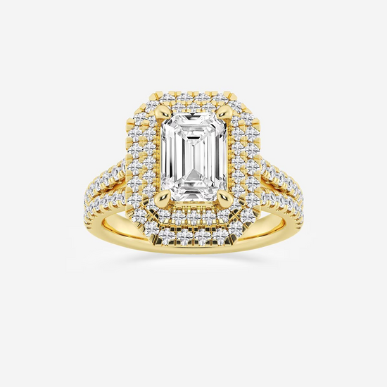 Emerald Lab Diamond Double Halo Split Shank Ring