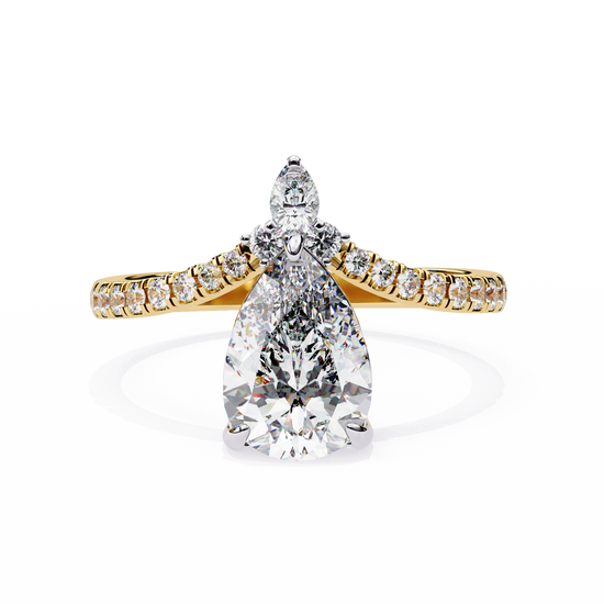 "Elegant Pear Cut Diamond Ring with Tapered Pave Shoulders and Accent Stone"