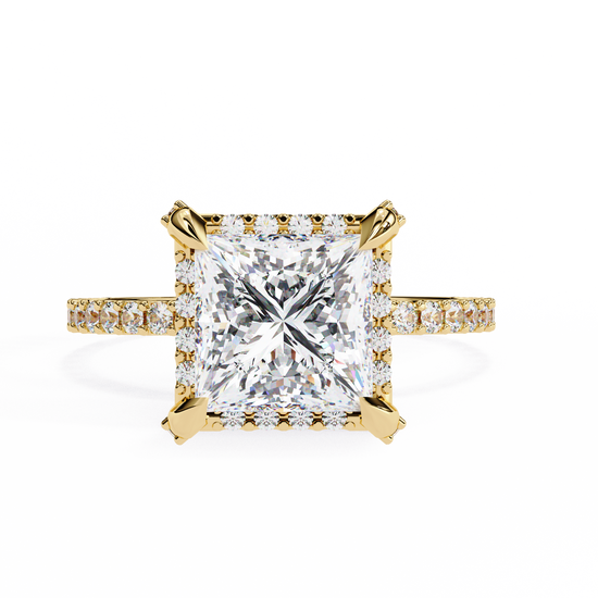 "Radiant Princess Cut Diamond Ring with Pavé Band in Gold"