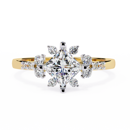 "Princess-Cut Diamond Ring with Clustered Floral Design"