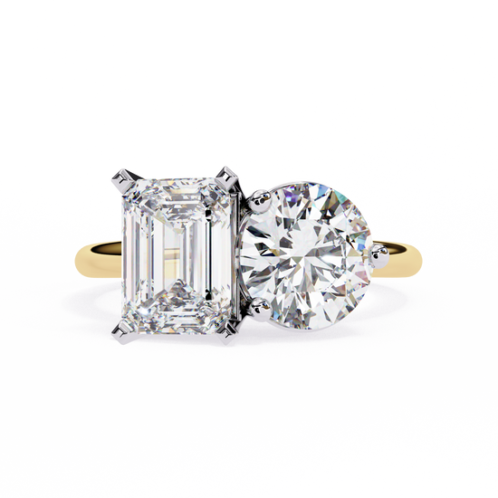 "Modern Two-Stone Diamond Ring – Radiant & Round Shape on Band"